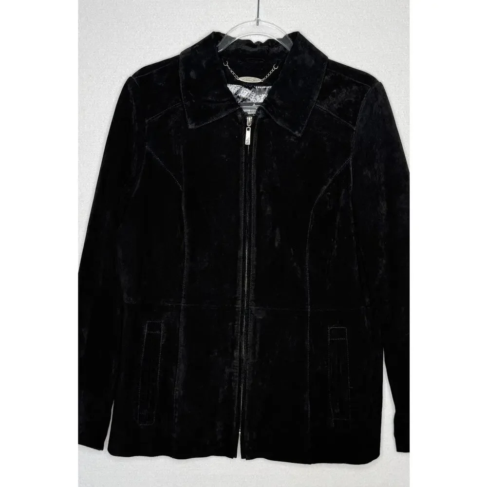 2000s Dennis Basso Washable Black Suede Leather Jacket zippered Cuffs Medium